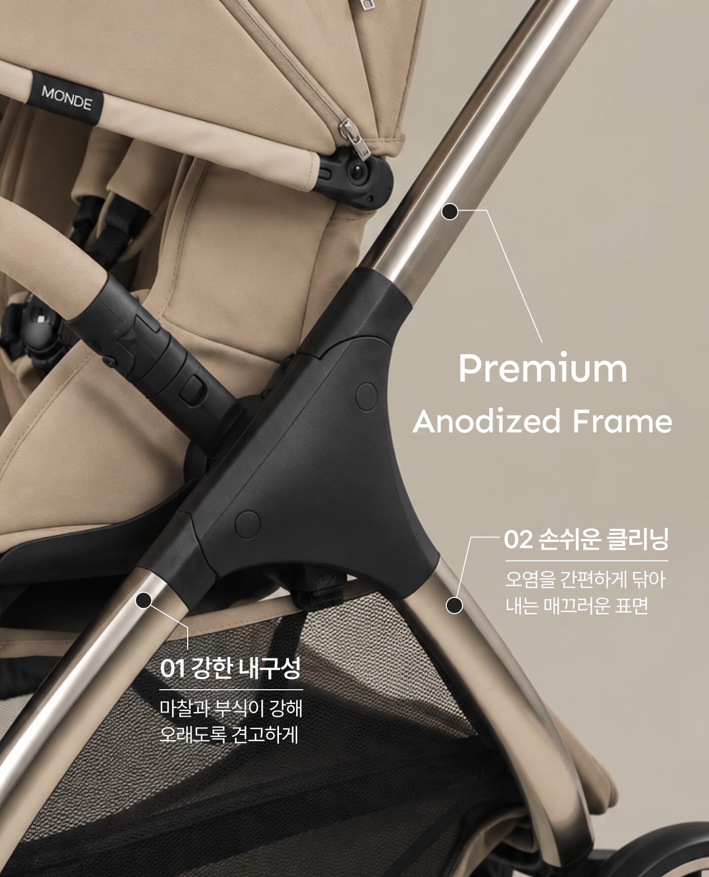 아노다이징 프리미엄 프레임 - 01 강한 내구성(마찰과 부식이 강해 오래도록 견고하게), 02 손쉬운 클리닝(오염을 간편하게 닦아 내는 매끄러운 표면)