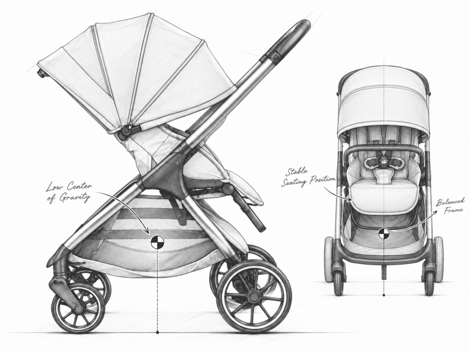 저중심 설계 - Low Center of Gravity, Stable Seating Position, Balanced Frame