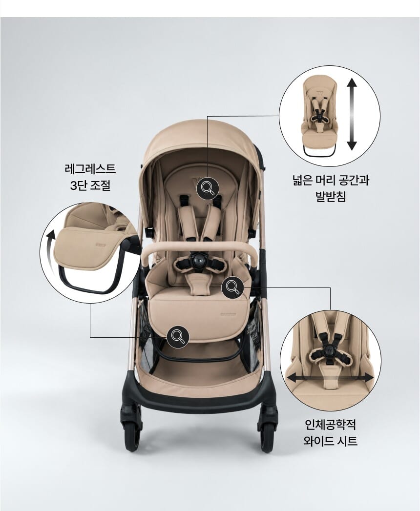 레그레스트 3단 조절, 넓은 머리 공간과 발받침, 인체공학적 와이드 시트